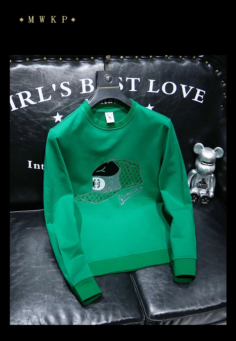 Round Collar Men's Pullover New Male Hoodies Personalized Hat Hot Diamond Print Fashionable Top Youth Bottoming Shirt Clothing