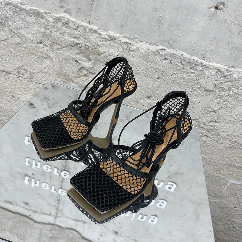 Aneikeh 2024 Summer Sexy Mesh Pumps Sandals Female Square Toe High Heel Lace Up Cross-Tied Stiletto Hollow Dress Party Shoes