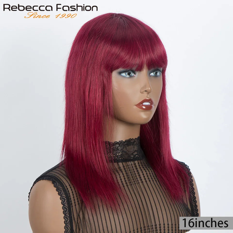 Rebecca 180D Straight Human Hair Wig With Bangs Fringe For Women Highlight Straight Bob Wigs Full Machine Made Put On And Go