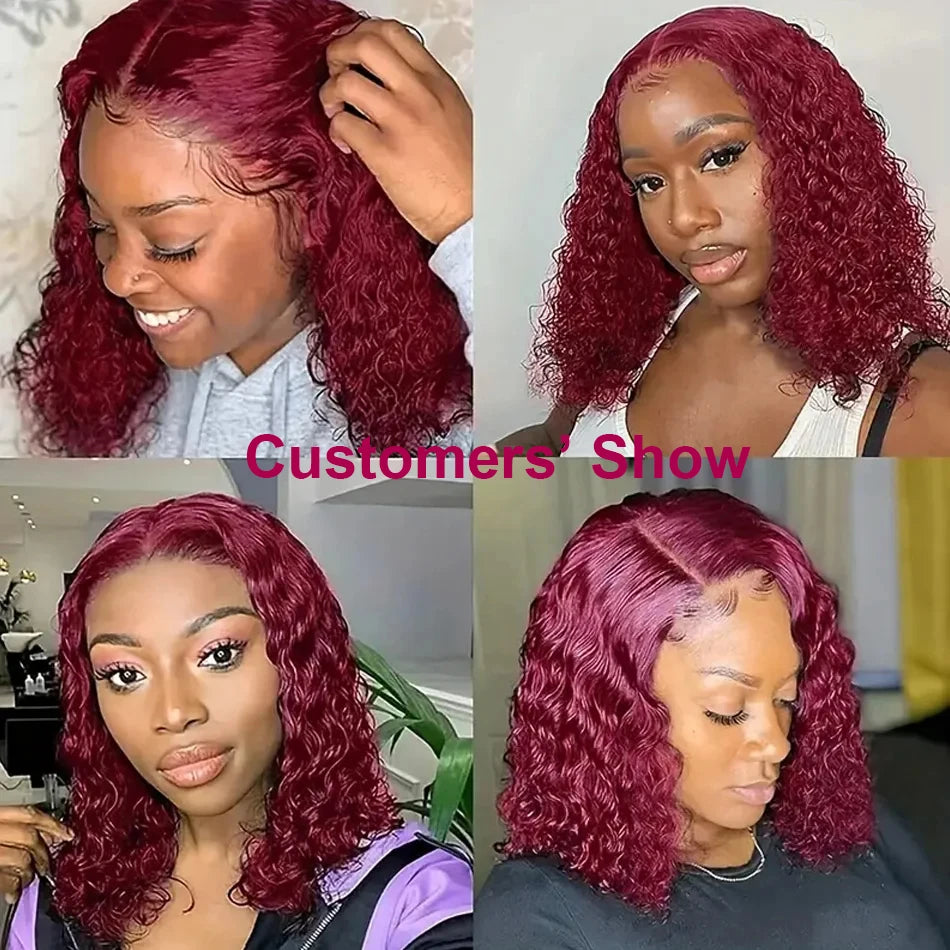 Brazilian Deep Wave 99J Burgundy Lace Front Human Hair Wig 13x4 Deep Curly Short Bob Wigs Human Hair Red Colored Water Wave Wigs