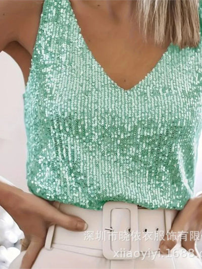 Women's Summer New Item Solid Color Fashion Sequin Light Mature Sexy V-neck Sleeveless Camisole Vest Pullover Top