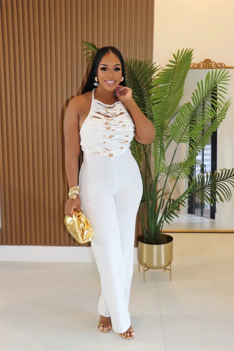 Sexy Halter Backless Jumpsuits Woman Elegant High Waist Flare Pants Sleeveless Beading Ruched Party Romper Birthday Club Outfits