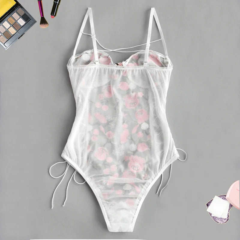 Embroidered Women's Lace One-piece Bodysuit Underwear with Spaghetti Strap Open Back Sexy Girl Bra Set Temptation Onesie