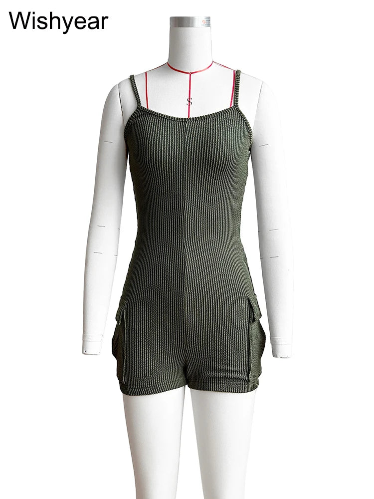 Women's Knitted Ribbed Cargo Pocket Playsuits with Hooded Long Sleeve Top Outfits Jumpsuits Shorts Overalls Birthday Clubwear