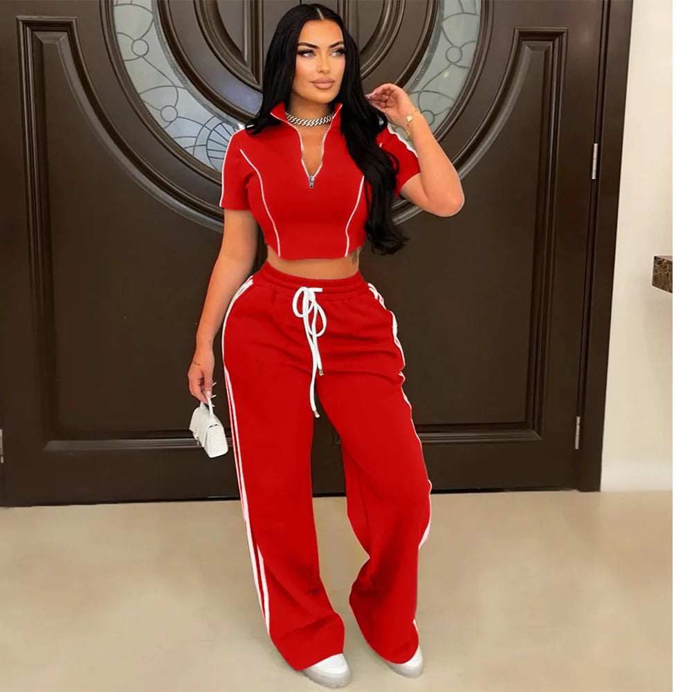 Fashion Casual Short Hoodie 2 Piece Women Summer Zipper Top Short Sleeved Sports T Shirt Stripe Splicing Long Pants Female Suit