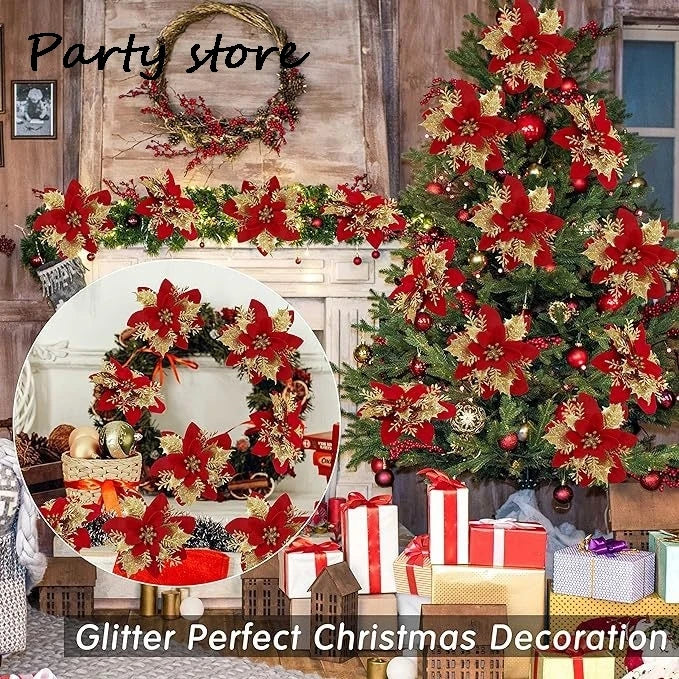 Silver Glitter Christmas Flowers Silver Xmas Tree Artifical Flower Ornaments Merry Christmas Decoration For Home Party New Year