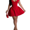 Fashion Halter A-line Deep V Off Shoulder Backless Birthday Women Red Mini Dress Sleeveless Ruched Princess Party Bodycon Robe