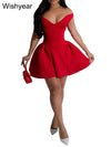 Fashion Halter A-line Deep V Off Shoulder Backless Birthday Women Red Mini Dress Sleeveless Ruched Princess Party Bodycon Robe
