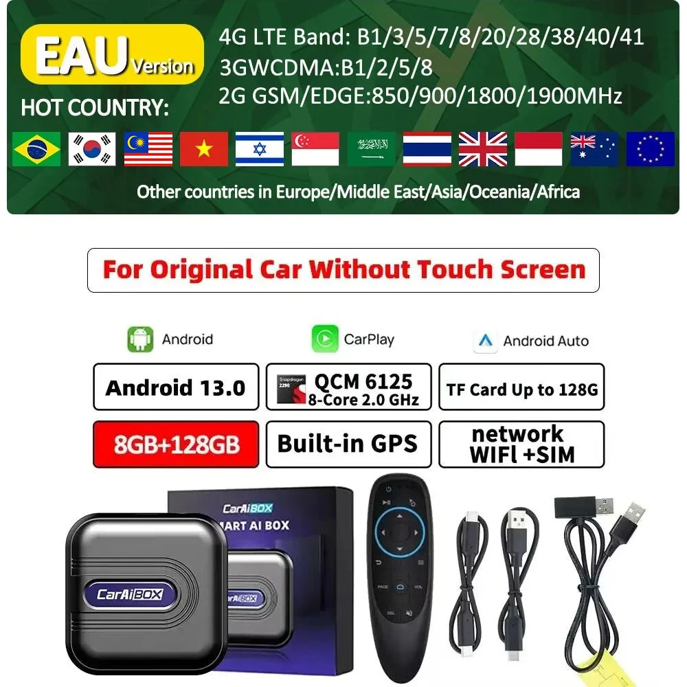 CarAiBOX CarPlay Ai Box Qualcomm 6125 8-Core CPU Android 13.0 System Wireless CarPlay Android auto Built-in Google Play Store