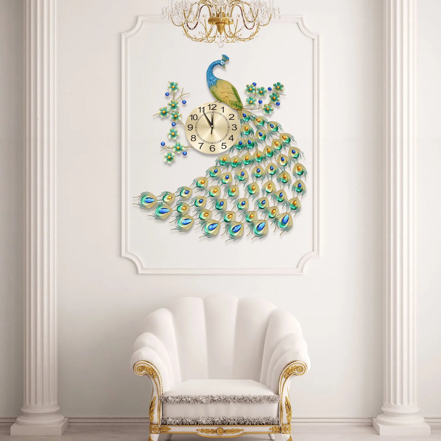 Luxury Peacock Wall Clock Metal 3D Art Decoration Wall Clock 8.26Inch Silent Quartz Scanning Movement Dining Room Decor