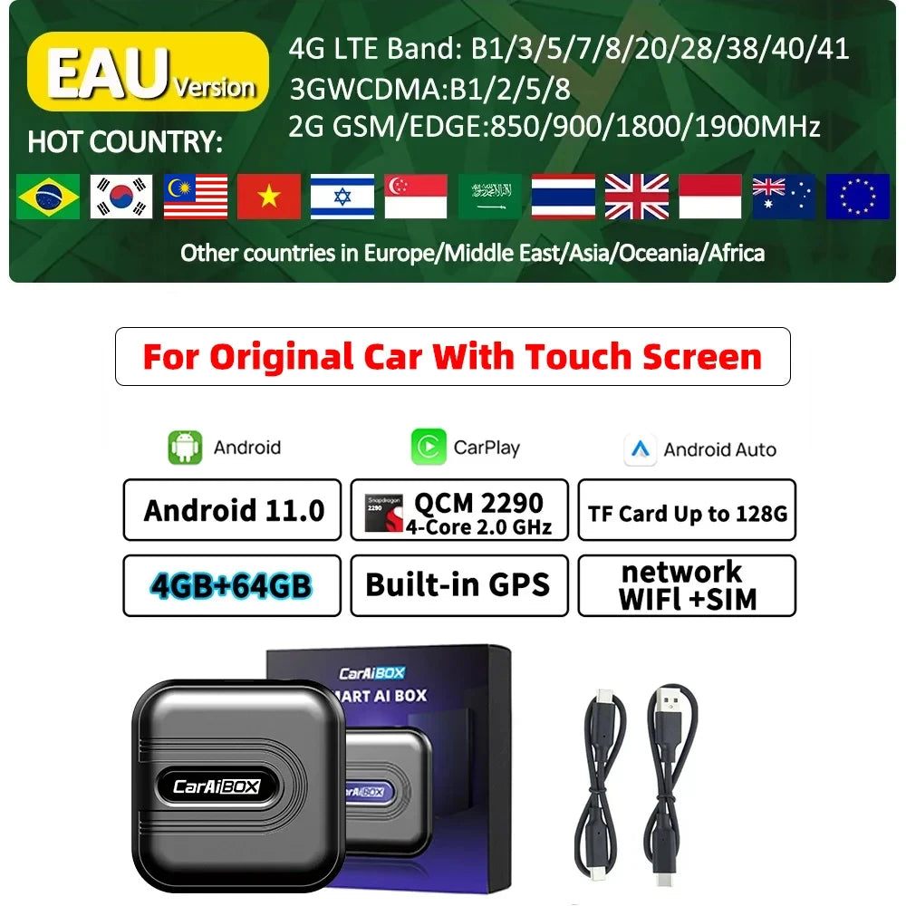 CarAiBOX CarPlay Ai Box Qualcomm 6125 8-Core CPU Android 13.0 System Wireless CarPlay Android auto Built-in Google Play Store