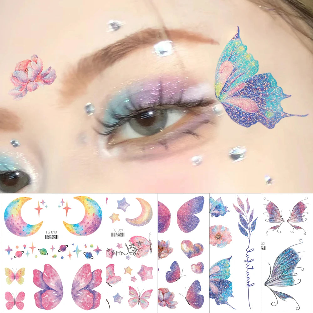 3D Fairy Butterfly Wings Shiny Tattoo Sticker Waterproof Eyes Face Body Art Fake Tattoos For Women Makeup Dance Music Festival