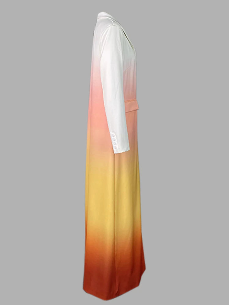 Beautyblue Gradient Outerwear Long Blazer for Women 2025 New Fashion Buttoned Pockets Chic Notched Collar Elegant Woolen Coats
