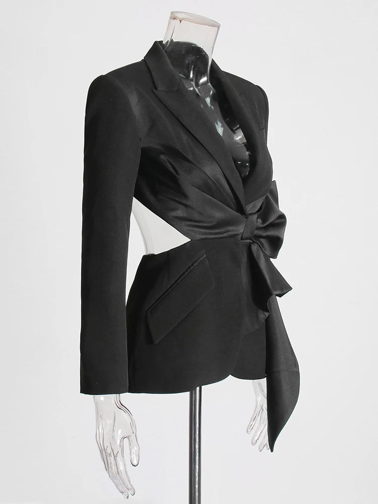 TWOTWINSTYLE Solid Spliced Bowknot Hollow Out Blazer For Women Notched Collar Long Sleeve Tunic Temperament Blazers Female New