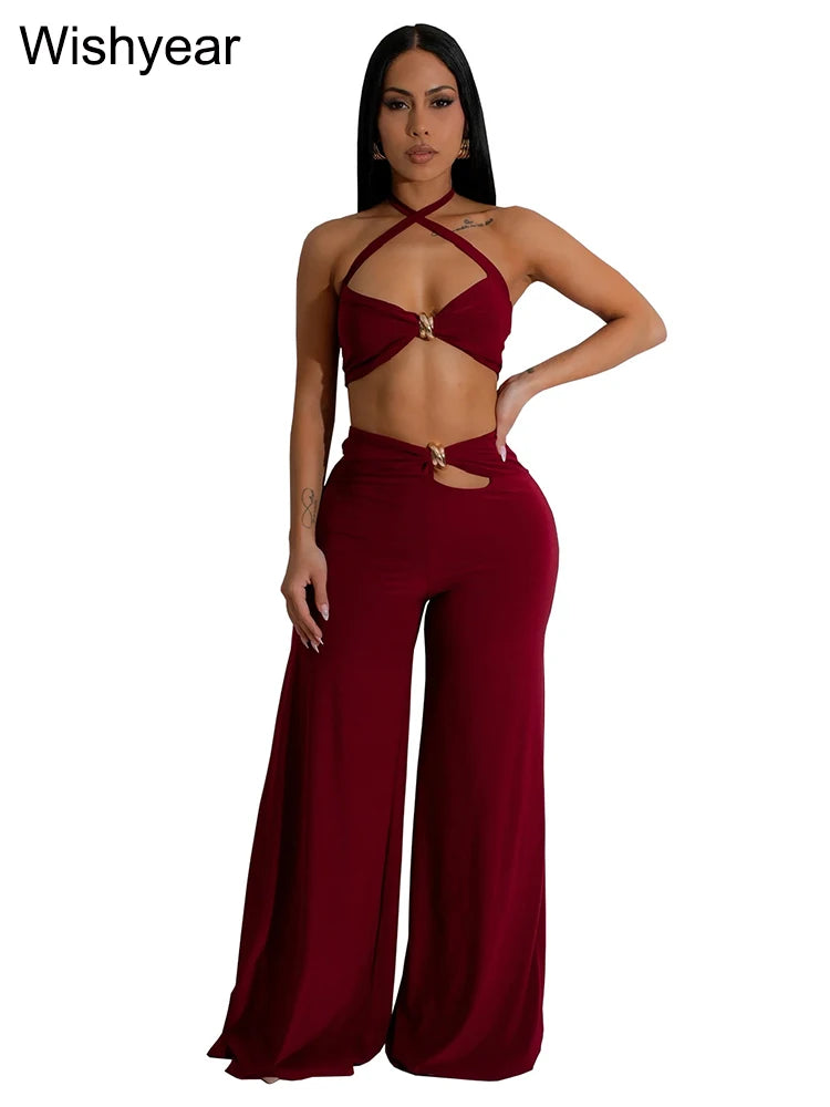 Wishyear Sexy Black Women's Halter Bandage Cross Top amd Wide Leg Pants Two 2 Piece Sets Sexy Night Club Party Evening Outfits