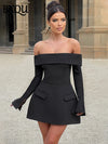 BKQU Elegant Off Shoulder Long Sleeve Mini Dress Women Sexy Strapless Backless Slim A-Line Short Dress Lady Chic Party Vestidos