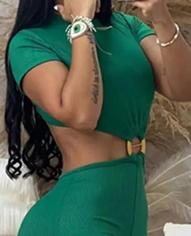 Ladies Jumpsuit Summer Outfit 2023 Sexy O-Ring Decor Cutout Short Sleeve Jumpsuit Sexy Backless Cutout High Waist Jumpsuit
