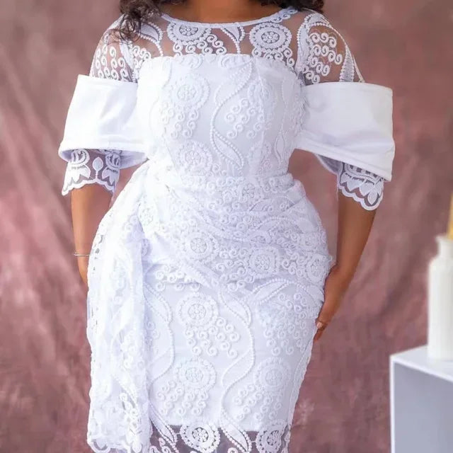 White Lace Dresses for Women Vintage Crew Neck Embroidery Tunic Package Hip Retro Elegant Midi Dress Holiday Party Wedding Gowns