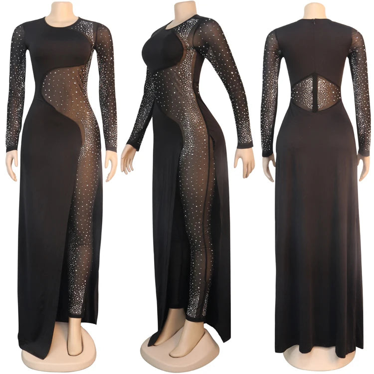 Women Sexy Mesh Rhinestone Irregular Skinny Jumpsuits