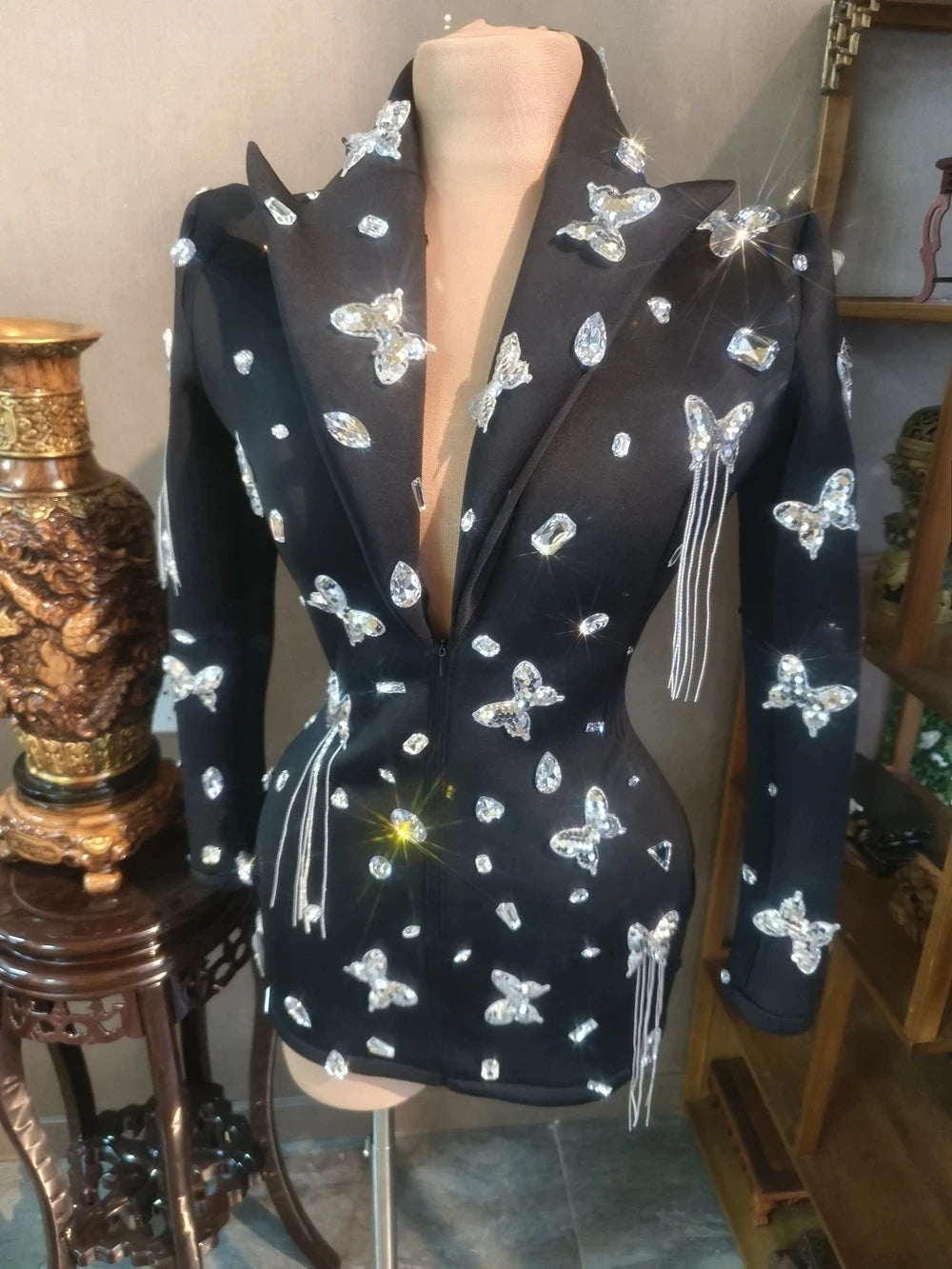 Sparkly Sequins Rhinestones Big Sleeves Black Jacket Sexy Singer Dancer Nightclub Jazz Dance Costume Performance Show Stage Wear