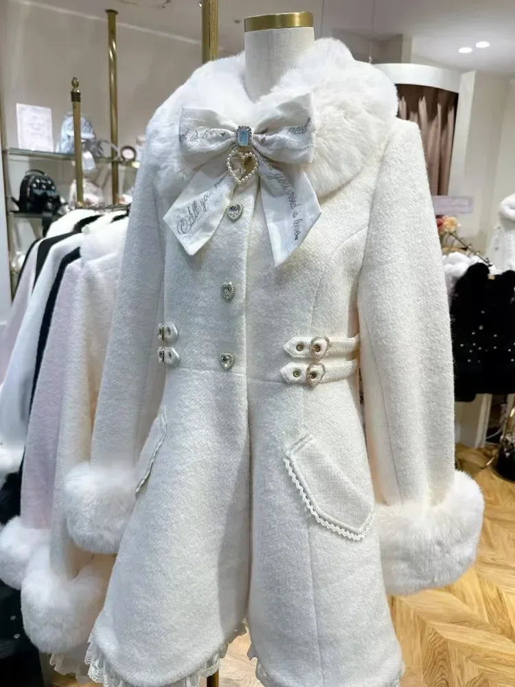 Winter New Japanese Sweet Bow Slim Medium Long Woolen Coat Faux Fur Collar Lolita Girl Women's Pink White Wool Jacket Overcoat