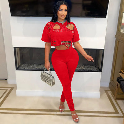 Spring Summer Fashion Solid Two Piece Set Women Sexy Perforated Round Neck Short Sleeve Top Tight Pants Casual Two Piece Set