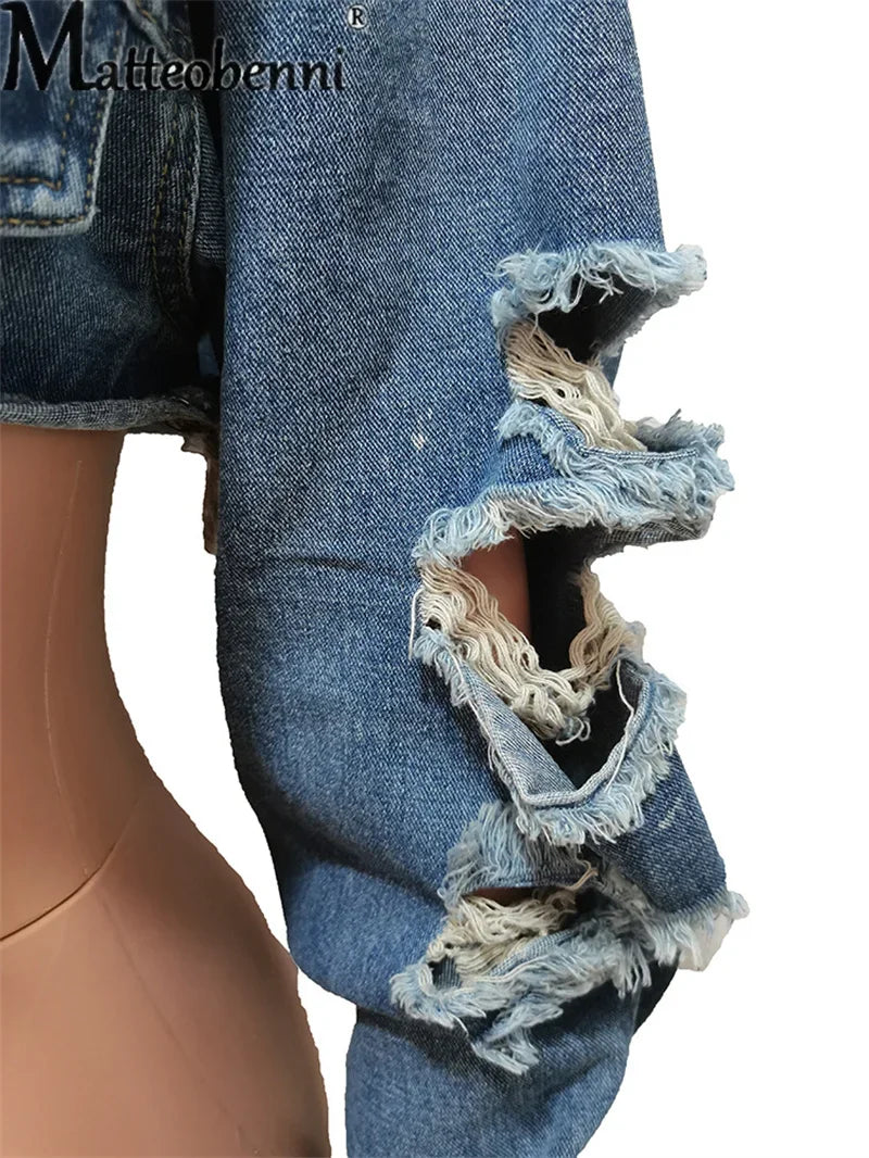 Fashion Broken Holes Long Sleeve Short Denim Jacket Ladies Trend Streetwear Casual Outerwear Women's Double Button Splicing Coat