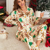 Cozy Christmas Tree & Gingerbread for Man Print Pajama Set - Long Sleeve, Button-Up Lapel Top with Elastic Waistband Pants for W