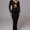 Mozision hollow out long sleeve sexy maxi dress for women fashion solid V neck back split bodycon club long dress elegant