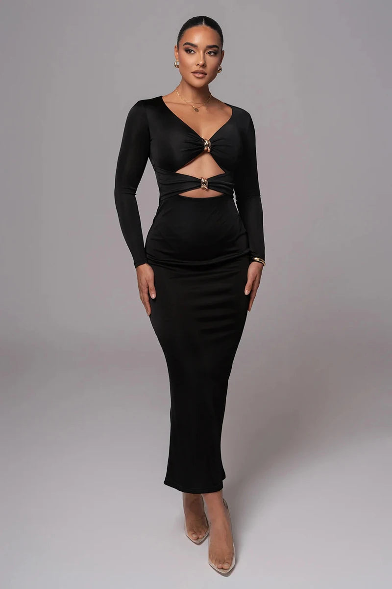 Mozision hollow out long sleeve sexy maxi dress for women fashion solid V neck back split bodycon club long dress elegant