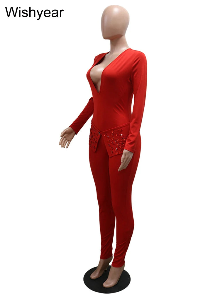 New Full Sleeve V-neck Skinny Pencil Pants Women Jumpsuits Rhinestone Birthday Rompers One Piece Night Club Evening Outfits 2025