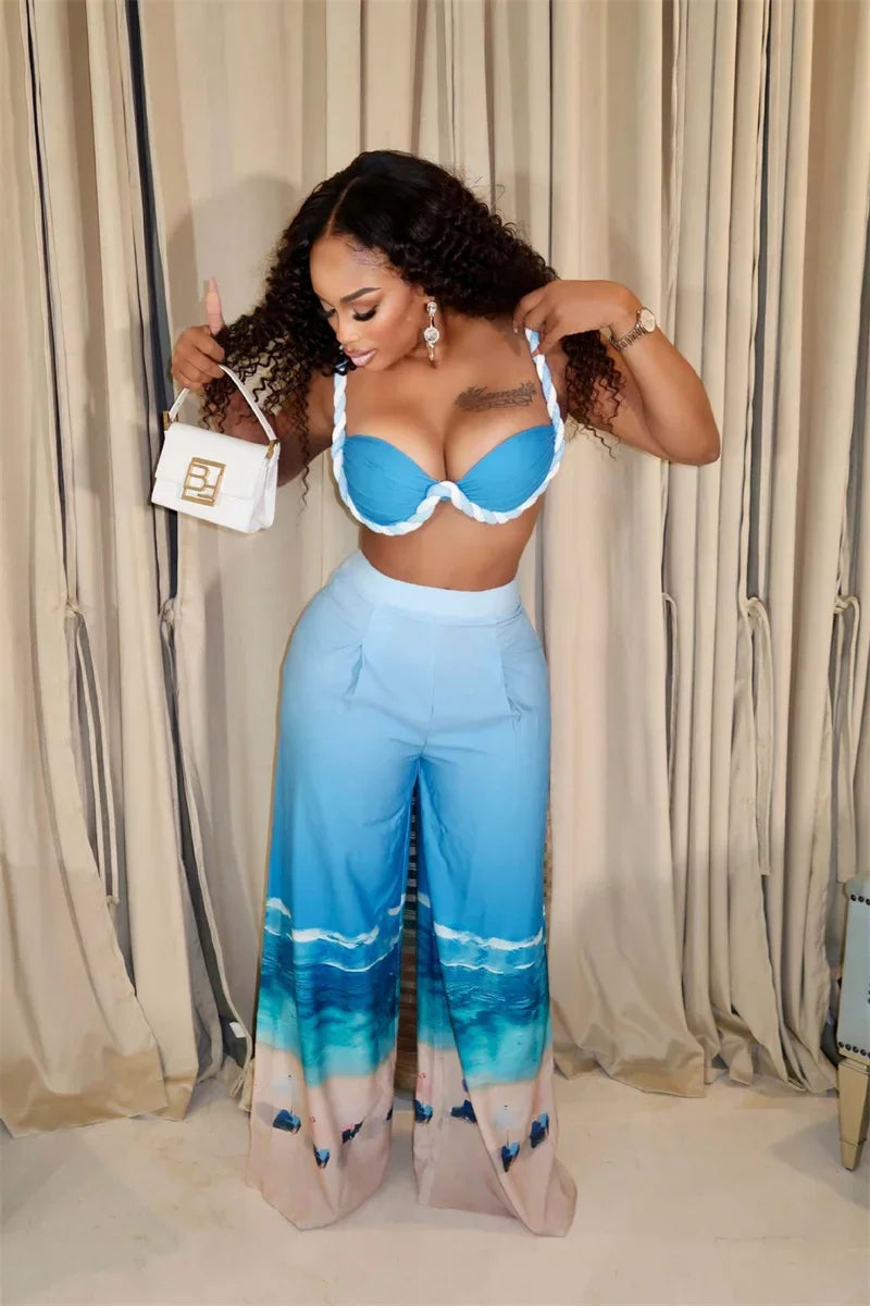 Sexy Nightclub Outfits for Women 2 Piece Set Birthday Vacation Bra Crop Top and Print Wide Leg Pants Matching Sets Beach Wear
