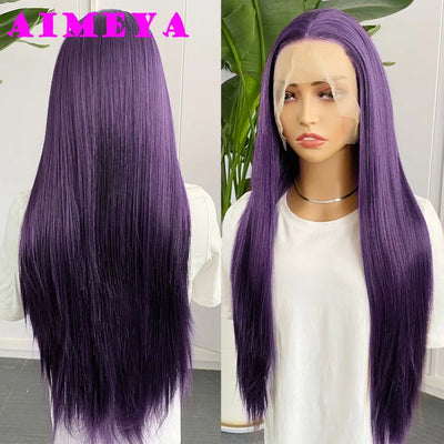AIMEYA Dark Purple Wig Long Silky Straight Synthetic Lace Front Wig Natural Hairline Daily Wear Cosplay Purple Lace Front Wig