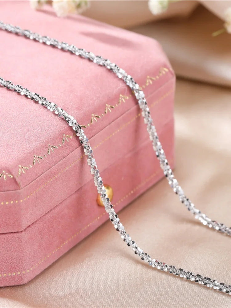 Authentic S925 Sterling Silver Necklace 2mm Sparkling Collarbone, Sweater Chain, High Charm Jewelry Gift Women