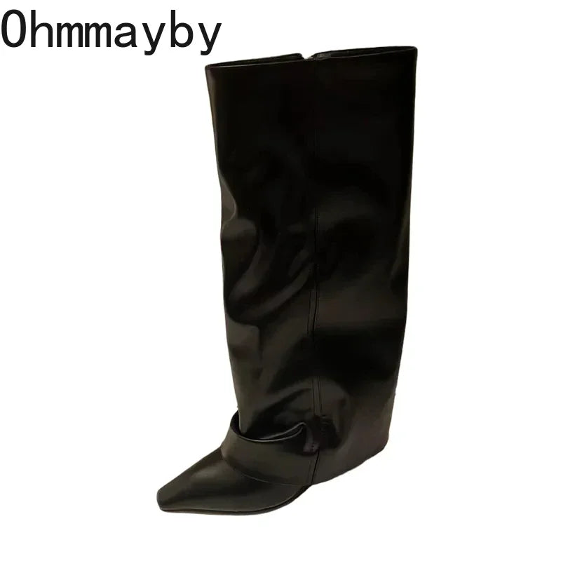 Designer Women Trouser Legs High Boots Fashion Side Zippers Long Boots Thick High Heels Autumn Winter Ladies Shoes