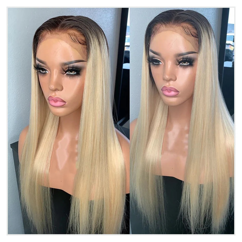 13x6 Lace Frontal Wig Brazilian Straight Human Hair Wig 2 Tone Dark Root 1B 613 Ombre Blonde Lace Front Wigs For Black Women 40"