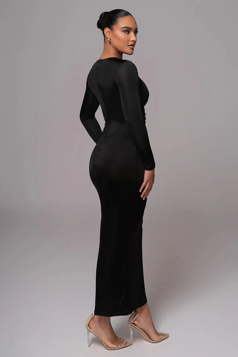 Mozision hollow out long sleeve sexy maxi dress for women fashion solid V neck back split bodycon club long dress elegant