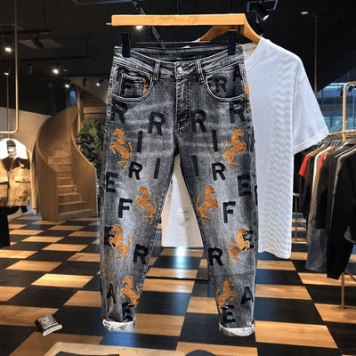 Mens Jeans Embroidered Leg Slimming Trousers Casual Streetwear Versatile Personalized Pencil Pants Men'S Wear 2024 Spring New