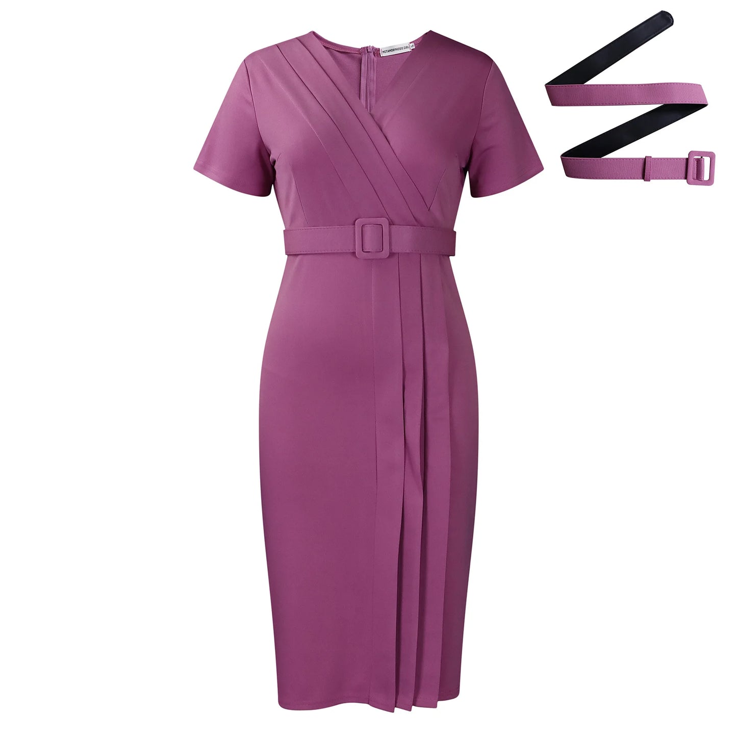 2024 summer new short sleeve V-neck waist solid color Tunle pencil skirt dress