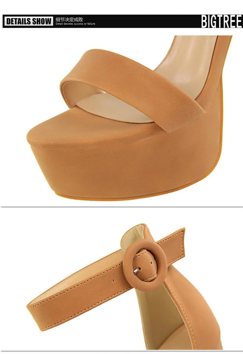 Fashion Women Pumps Sandals Summer Platform Belt Buckle Strap PU Square Heel Outdoor Korean Style Black Open Toe Grace 1550-1