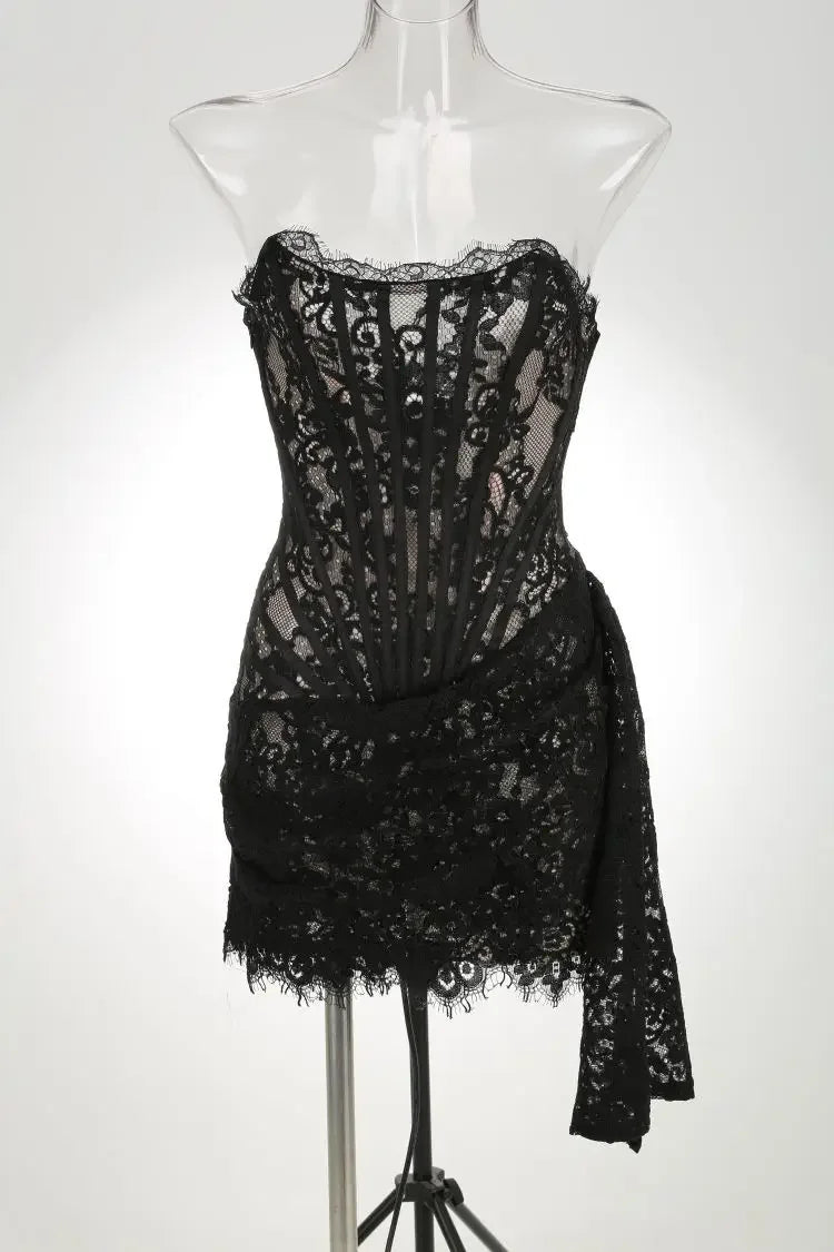 XIAOTANG Elegant Lace Strapless Sexy Mini Dress for Women Fashion Off-shoulder Irregular Ruched Bodycon Night Club Party Dress