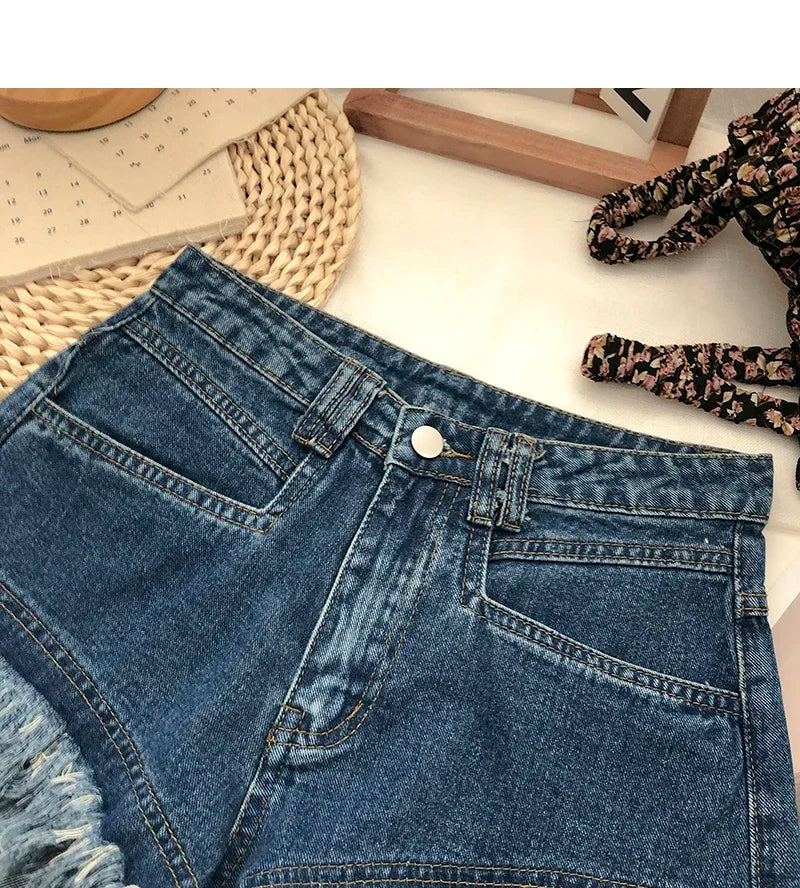 ITOOLIN Women Vintage Tassels Denim Shorts Button Loose High Waist A-line Jean Shorts Casual Women Office Trousers Streetwear