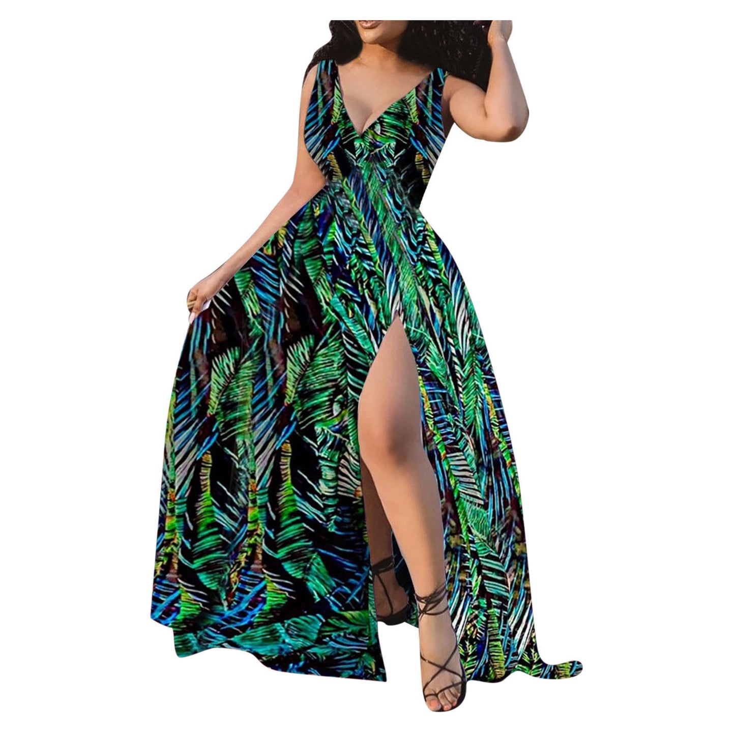 Elastic Waist V Neck Long Dress Sleeveless Print Side Slit Evening Party Dress Ladies Round Dot Printing Casual Sweet dress