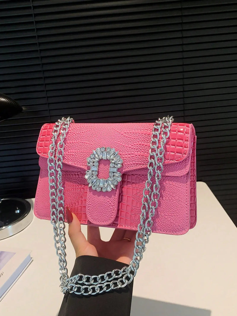 Crocodile Embossed Shoulder Bags For Women Flap PU Leather Fashion Rhinestone Decor Small Square Crossbody Bag Designer Handbag
