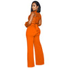 Fashion Women's Clothing Hollow Long-sleeved Loose Wide Leg Jumpsuits Overall Pants Solid Color Sexy Lace