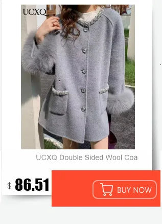 UCXQ Elegant OL Office Lady Overcoats Fur Patchwork Long Sleeve Woolen Coat Beautiful Women's Clothing Jacket Autumn 2025 Winter