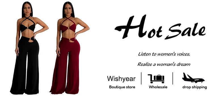 Wishyear Sexy Black Women's Halter Bandage Cross Top amd Wide Leg Pants Two 2 Piece Sets Sexy Night Club Party Evening Outfits