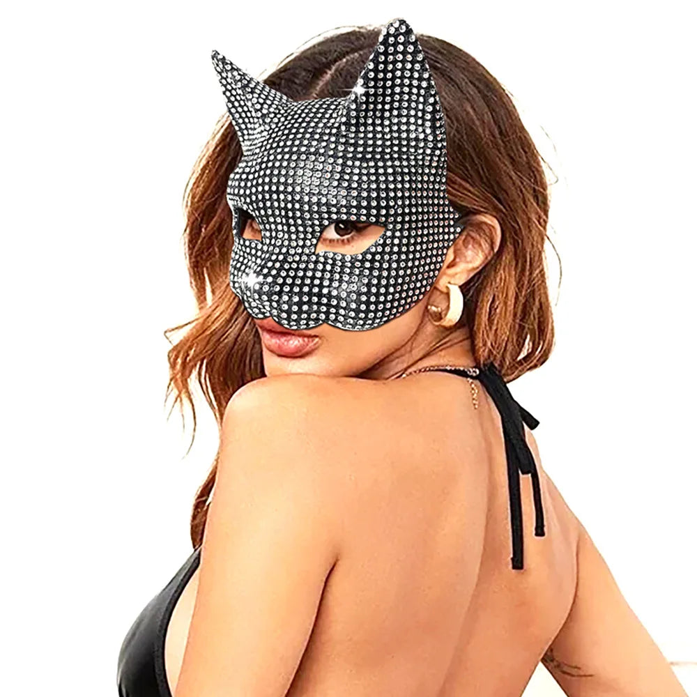 Shiny Cat Ear Masks Cosplay Halloween Party Costume Accessories Long Gloves Sexy Bling Kitten Half Masks