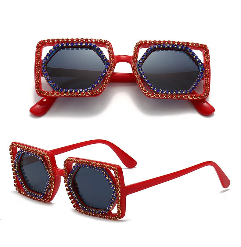 Square Luxury Diamonds Sunglasses Women Punk Fashion Rhinestone Sun Glasses Female Shiny Sexy Yellow Lens Eyewear Shade Handmade