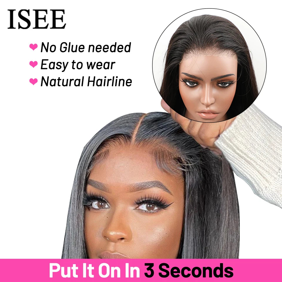 ISEE HAIR Wear And Go Glueless Human Hair Wig Bob HD Lace Straight Short Bob 6x4 Lace Frontal Pre Plucked Human Wigs Ready To Go